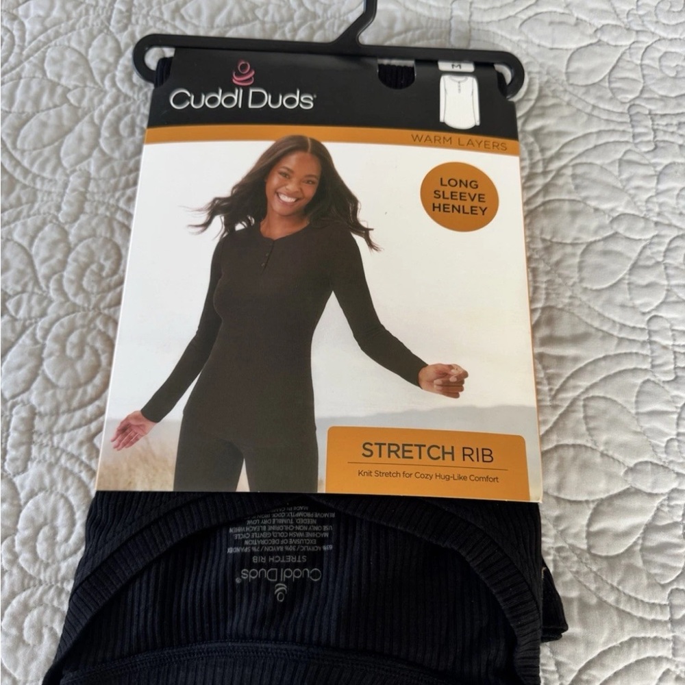 Cuddl Duds Black Long Sleeve Henley Top